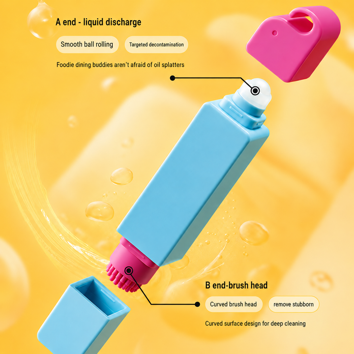 Blue stain remover pen with its rounded liquid applicator and pink brush exposed