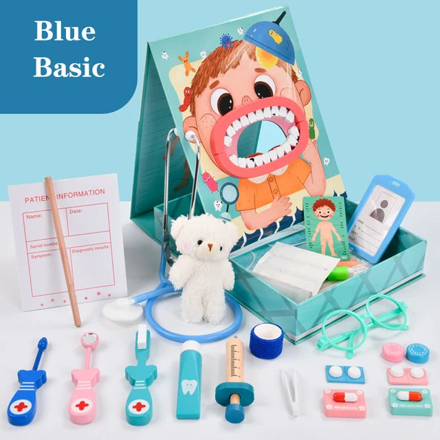 Blue Standard dentist play set with a model mouth, storage box, toy tools, and accessories