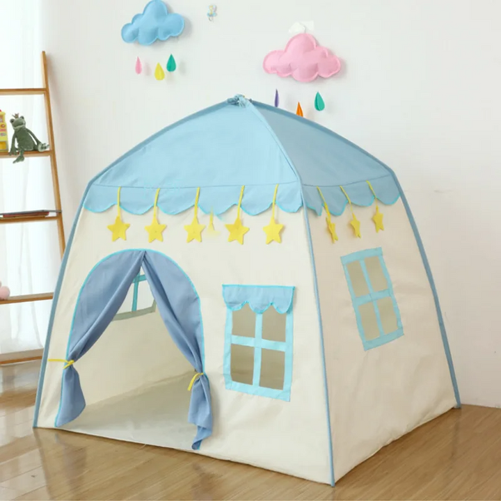 Blue castle play tent with star trim, side windows, and an open doorway