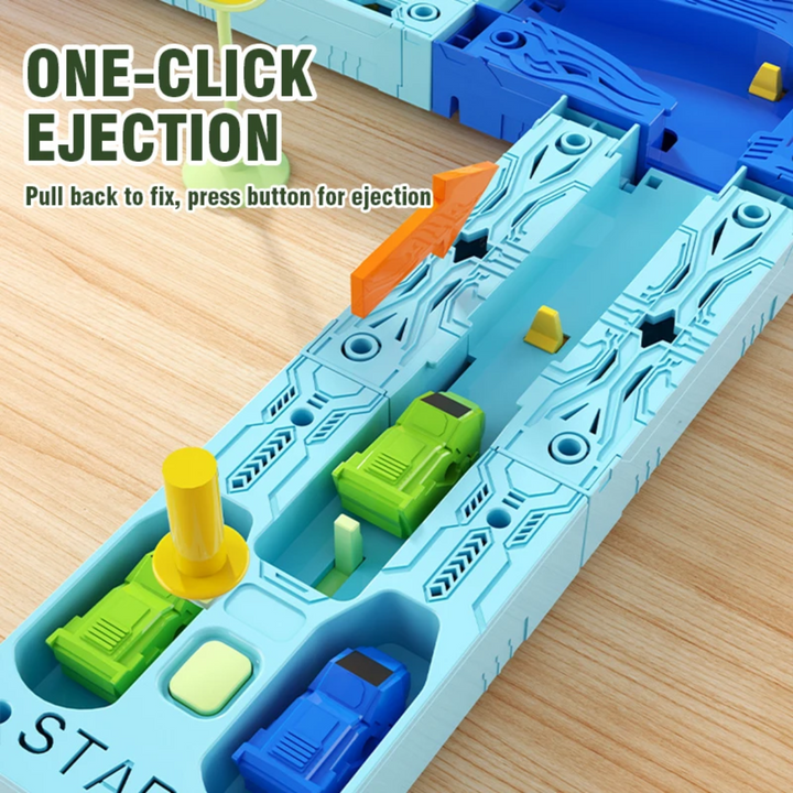 Blue starting track with toy cars, a launch button, and arrows showing the launch direction