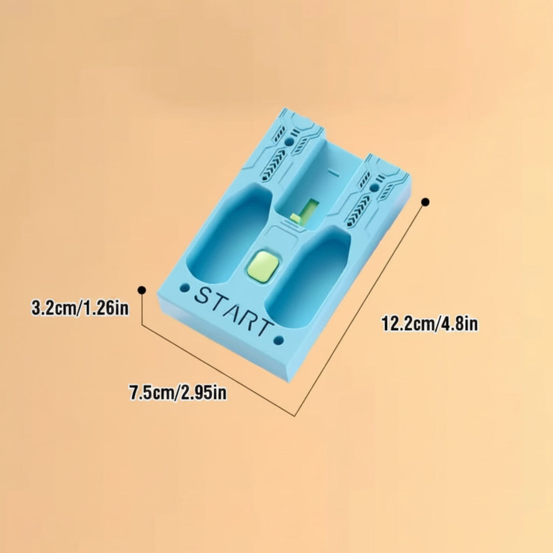 Blue starting track diagram showing 12.2 cm length, 7.5 cm width, and 3.2 cm height