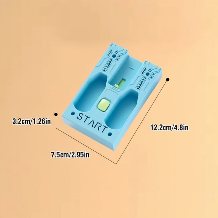 Blue starting track diagram showing 12.2 cm length, 7.5 cm width, and 3.2 cm height