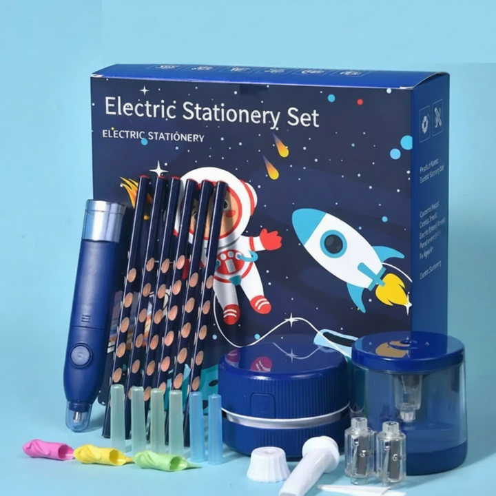 Dark blue electric stationery set with space-themed packaging, pencils, and accessories
