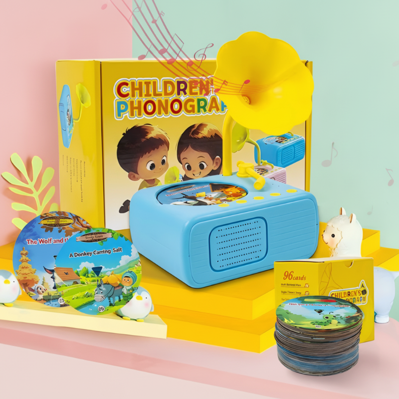 Blue story player displayed with illustrated circular cards and packaging