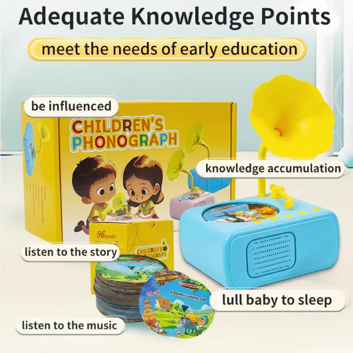 Blue story player and round cards with examples of story and music activities