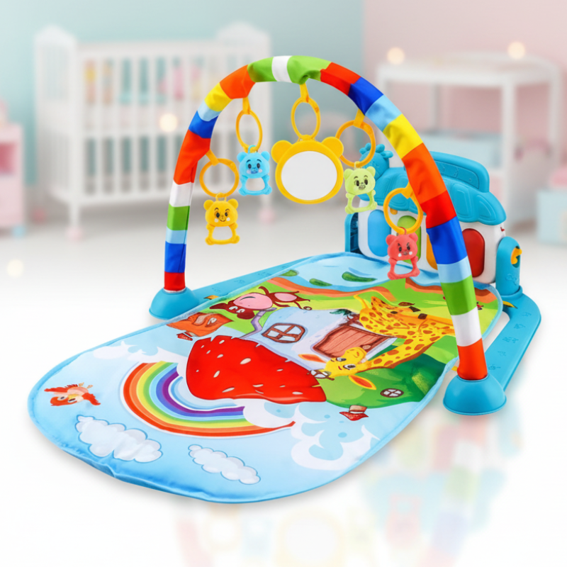 Blue baby play gym with a strawberry-house mat, rainbow arch, and hanging toys