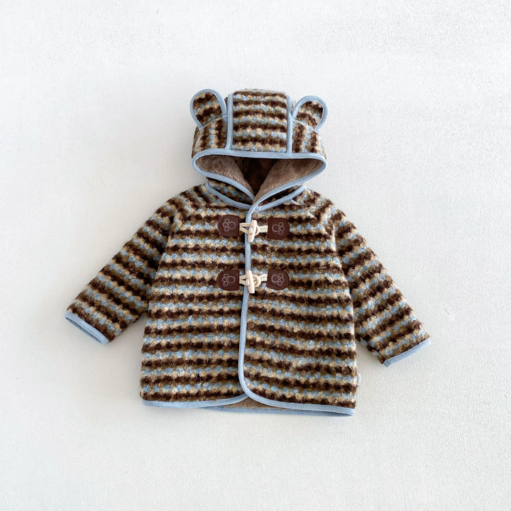 Blue striped winter jacket with an ear hood and pale blue trim