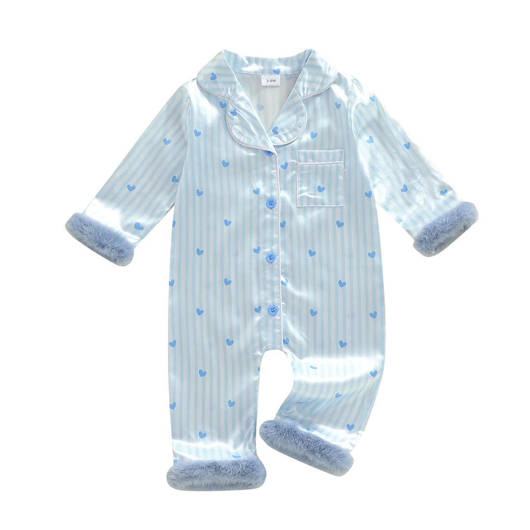 Front view of the blue heart-print baby jumpsuit with long sleeves and plush cuffs on a white background