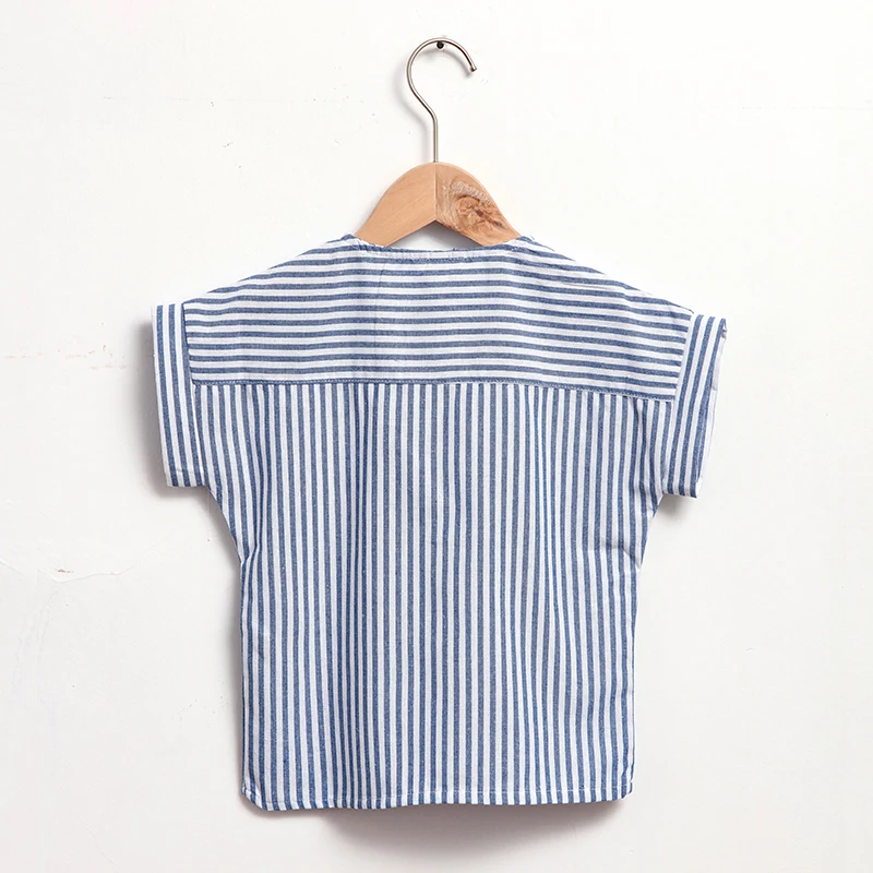 Back of the blue striped shirt showing horizontal shoulder stripes and vertical body stripes