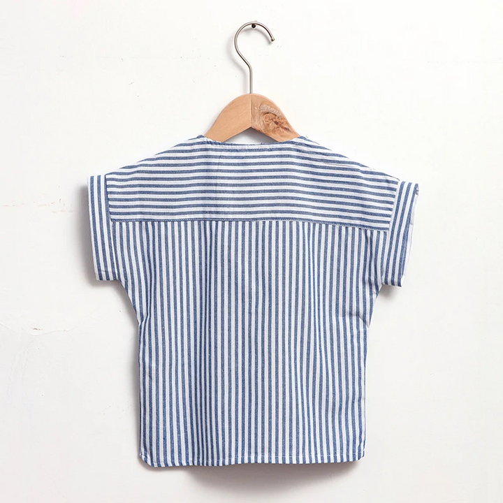 Back of the blue striped shirt showing horizontal shoulder stripes and vertical body stripes