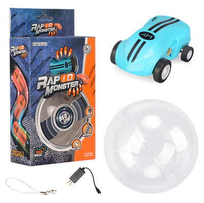 Blue stunt toy car with a clear ball, USB cable and retail box
