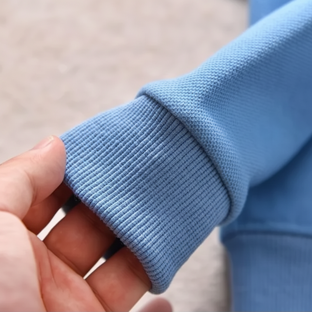 Hand holding the ribbed cuff of a blue long-sleeve sweatshirt