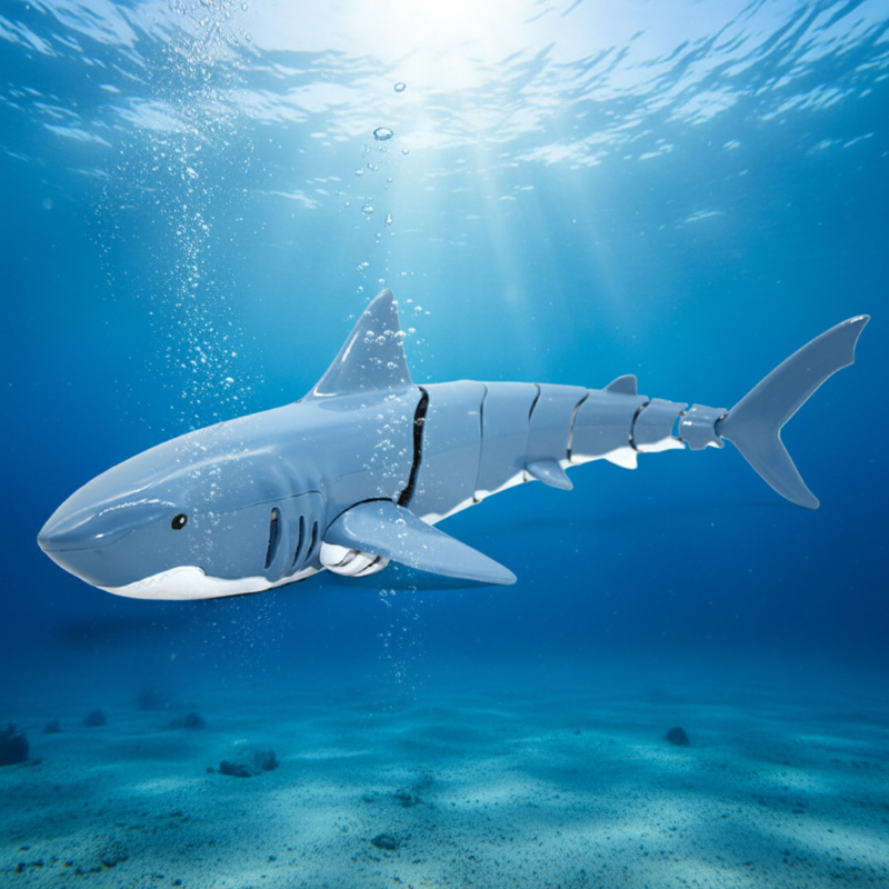 Side view of a blue articulated RC shark against an underwater backdrop