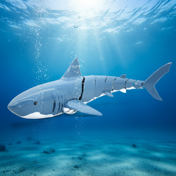 Side view of a blue articulated RC shark against an underwater backdrop