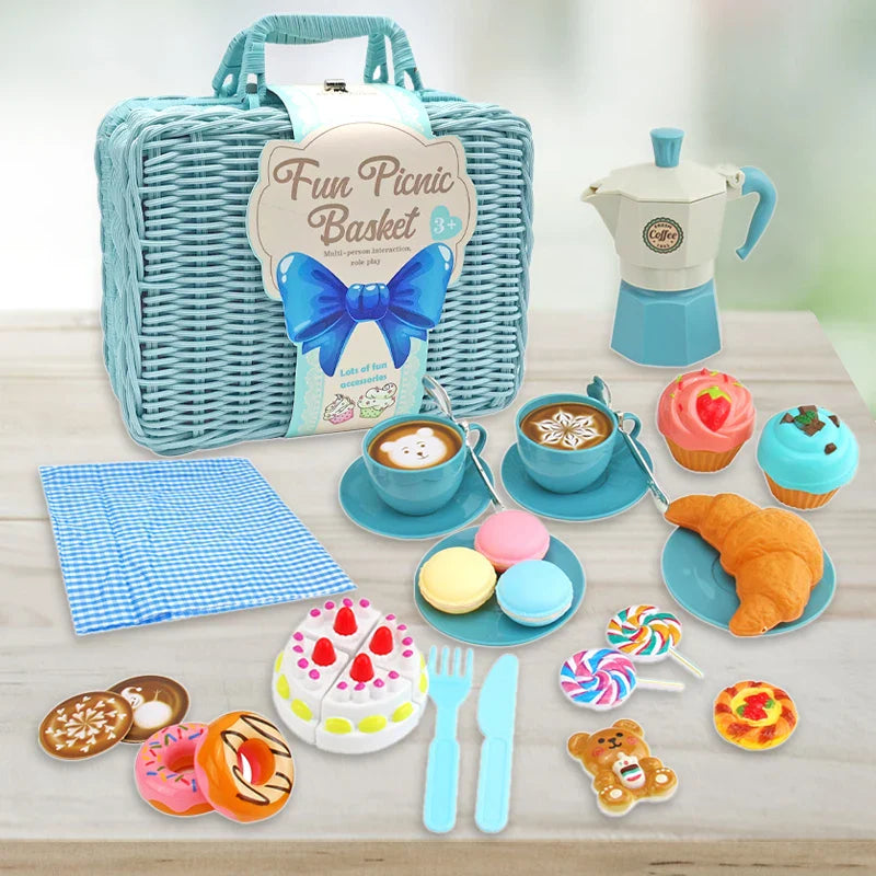 Blue tea party set with picnic basket, checkered cloth, toy moka pot, serving pieces, and play food