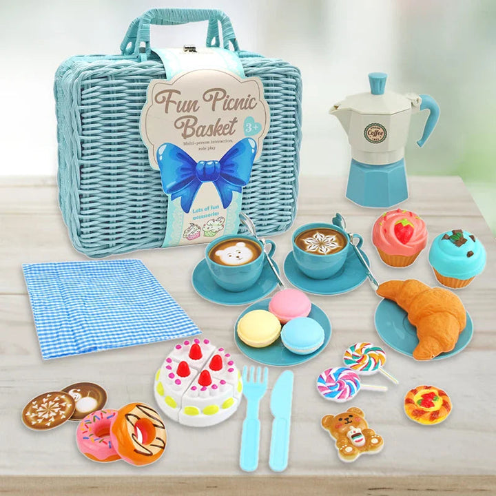 Blue tea party set with picnic basket, checkered cloth, toy moka pot, serving pieces, and play food