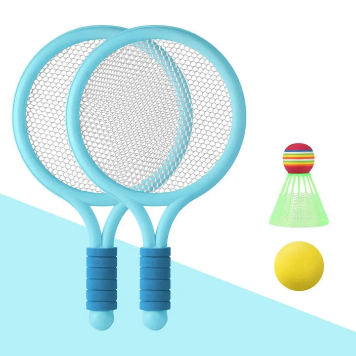 Two blue tennis and badminton rackets beside a yellow ball and green shuttlecock