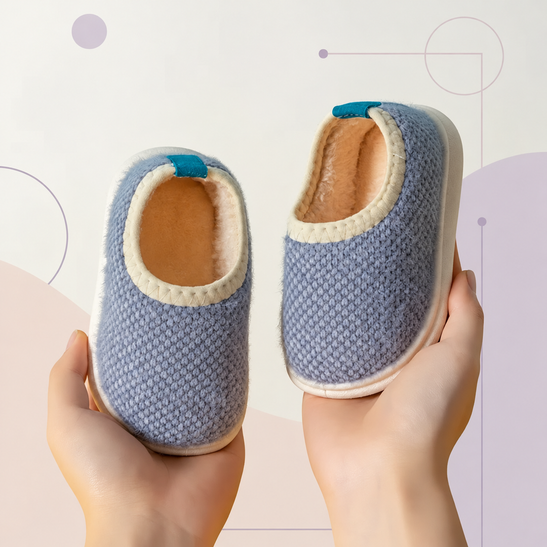 Blue textured winter slippers with cream-colored trim and teal heel loops
