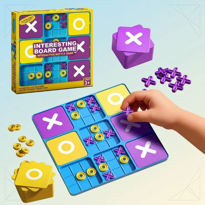 Blue tic-tac-toe board with purple X pieces, yellow O pieces, large tiles, and retail box