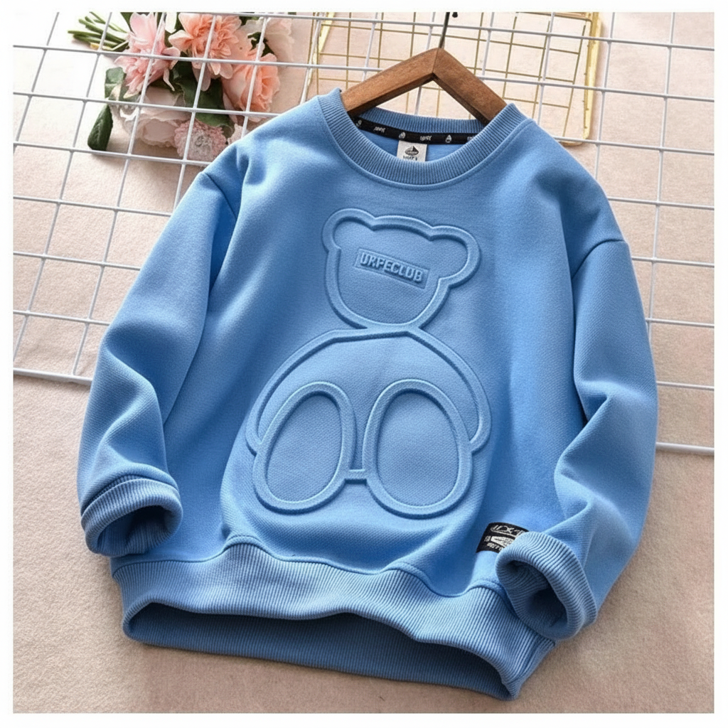 Blue long-sleeve pullover sweatshirt with a tonal 3D bear design