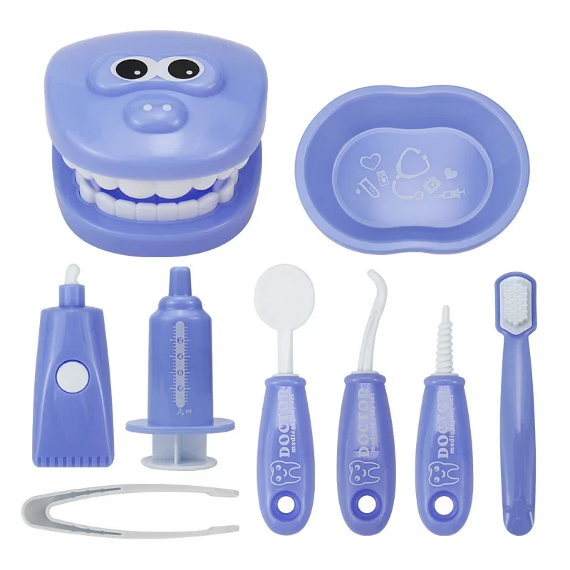Blue dentist playset with a tooth model, matching tray, toothbrush, and pretend dental tools
