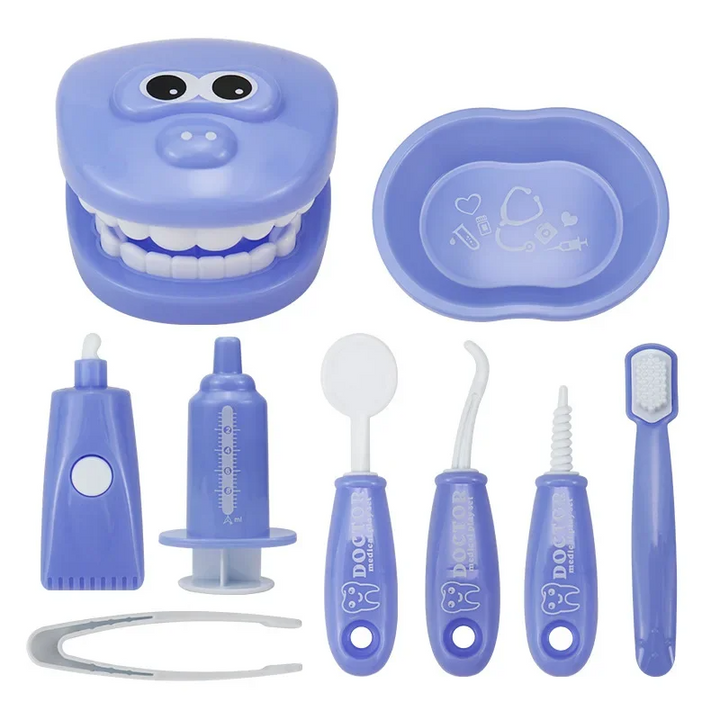 Blue dentist playset with a tooth model, matching tray, toothbrush, and pretend dental tools