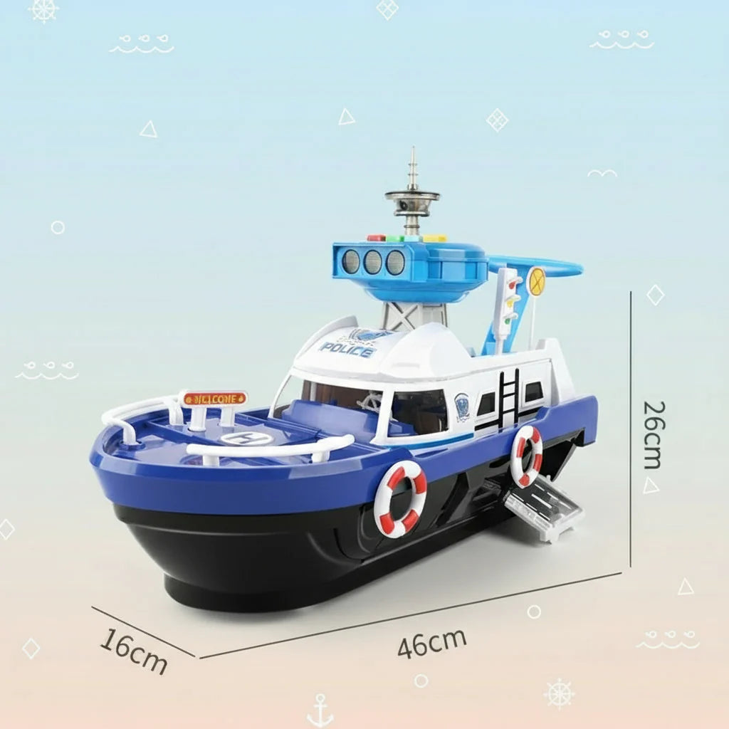 Blue toy boat with measurements of 46 cm long, 26 cm high and 16 cm wide