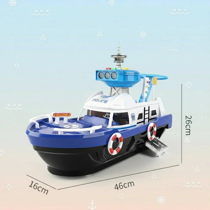Blue toy boat with measurements of 46 cm long, 26 cm high and 16 cm wide