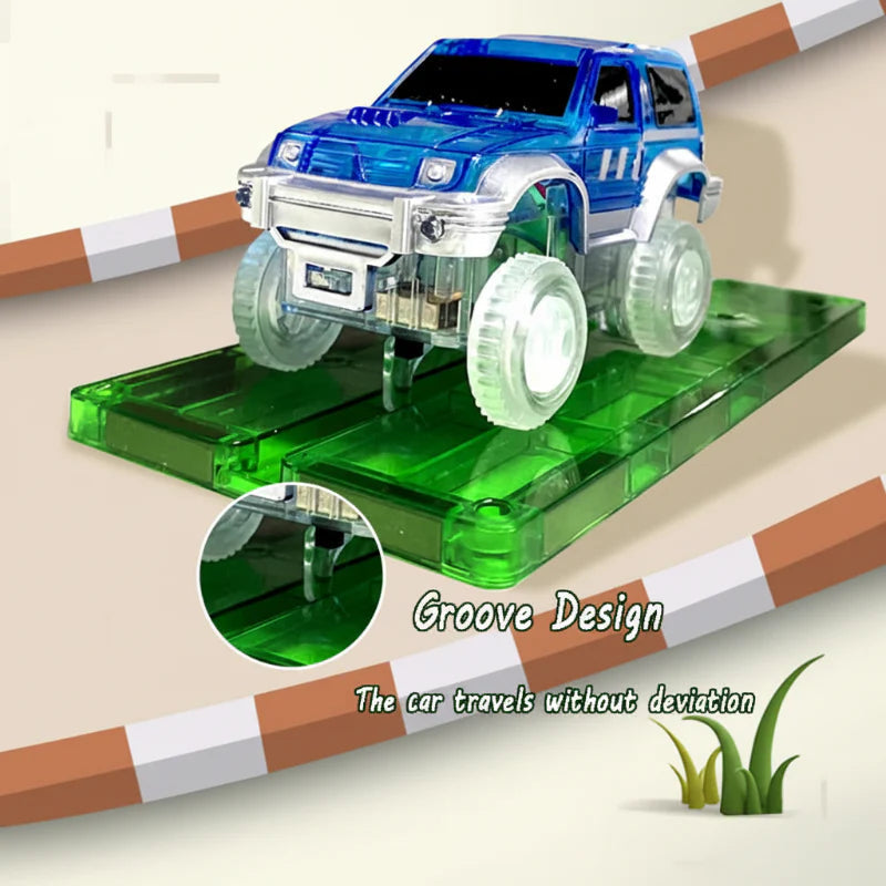 Blue toy car on a green track tile with a close-up of the guiding grooves