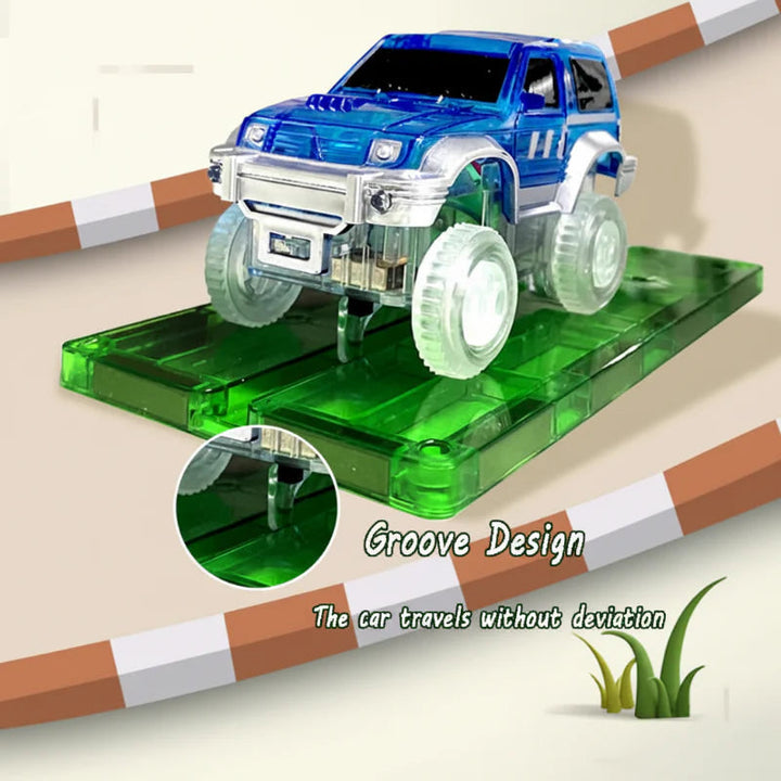 Blue toy car on a green track tile with a close-up of the guiding grooves