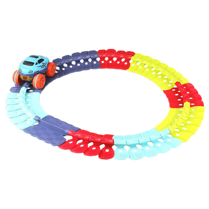 Blue toy car with orange wheels on a multicolor oval race track