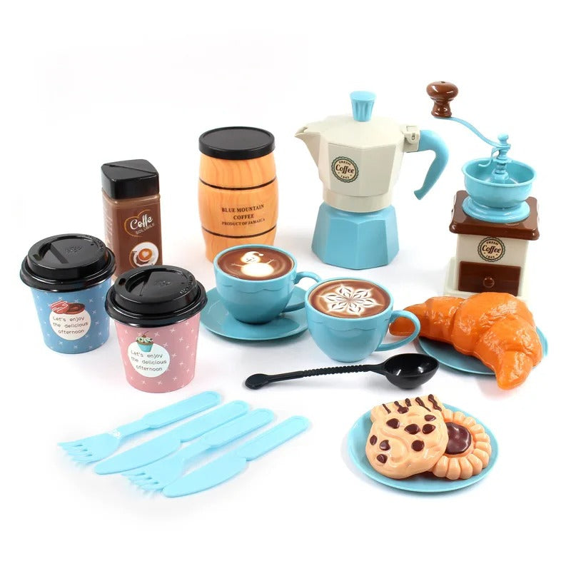 Toy coffee pot, grinder, cups, cookies and croissant in the blue cafe playset