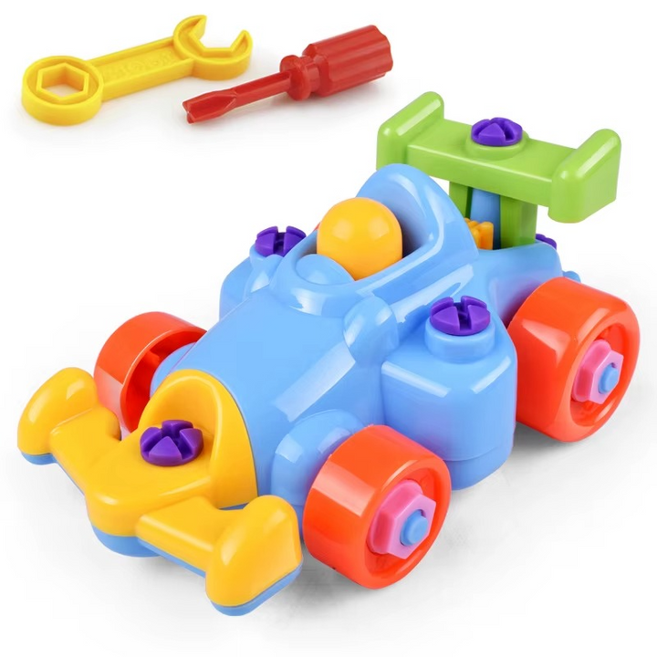 Blue toy race car with colorful screw fasteners, a yellow wrench, and a red screwdriver