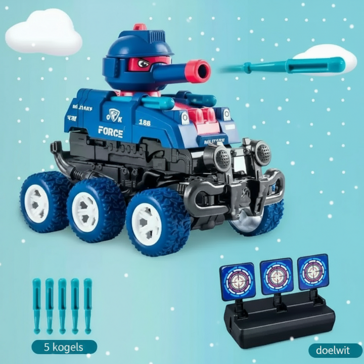 Blue toy tank shown with five projectiles and a three-target stand