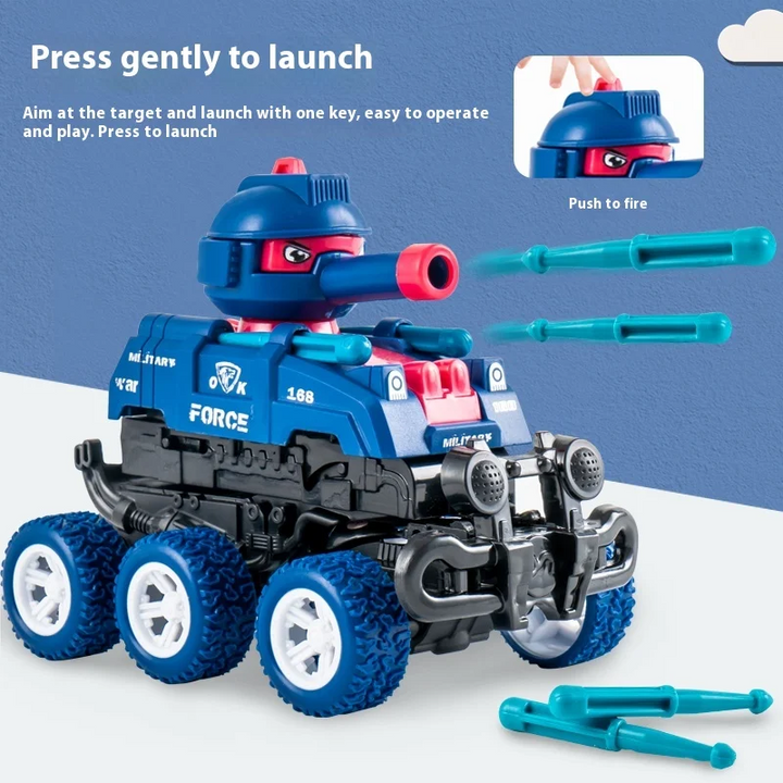 Blue toy tank with a push-to-fire button inset and matching projectiles