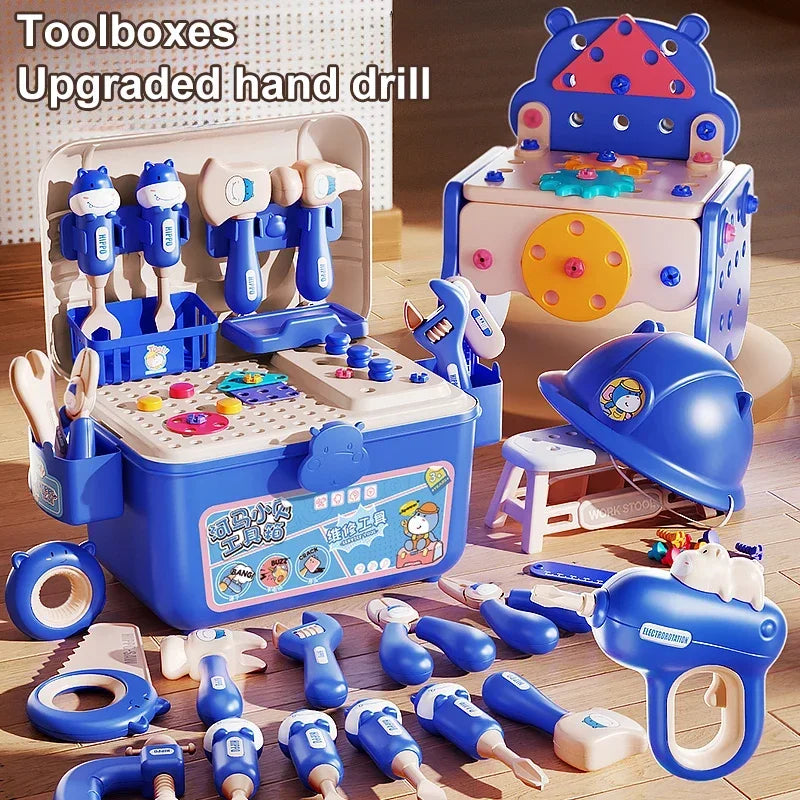 Blue toy toolbox and workbench with play tools, a toy drill, and a pretend construction helmet
