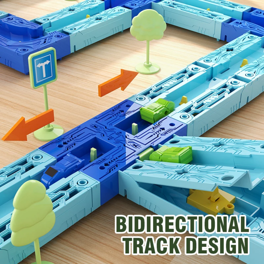 Close-up of a blue track junction with toy cars and directional arrows