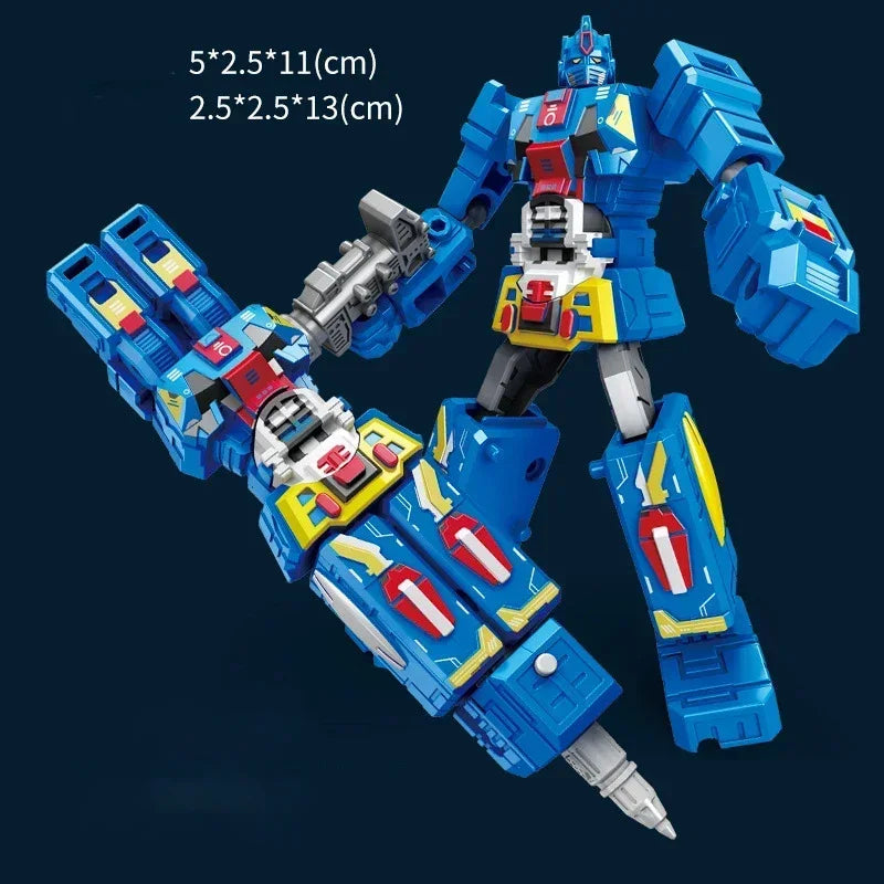 Blue transforming robot pen in pen and robot forms with dimensions shown