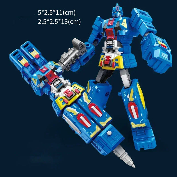 Blue transforming robot pen in pen and robot forms with dimensions shown