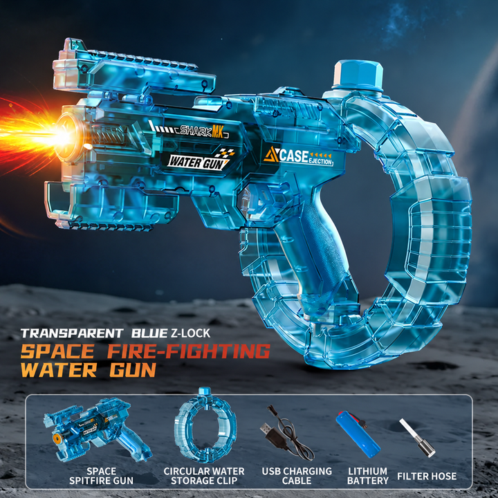 Blue transparent water gun with a circular reservoir, battery, charging cable, and filter hose