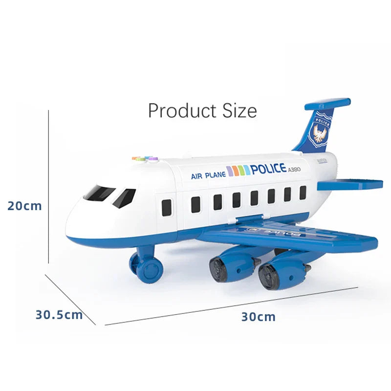 Blue transport airplane shown closed with a labeled dimension guide.
