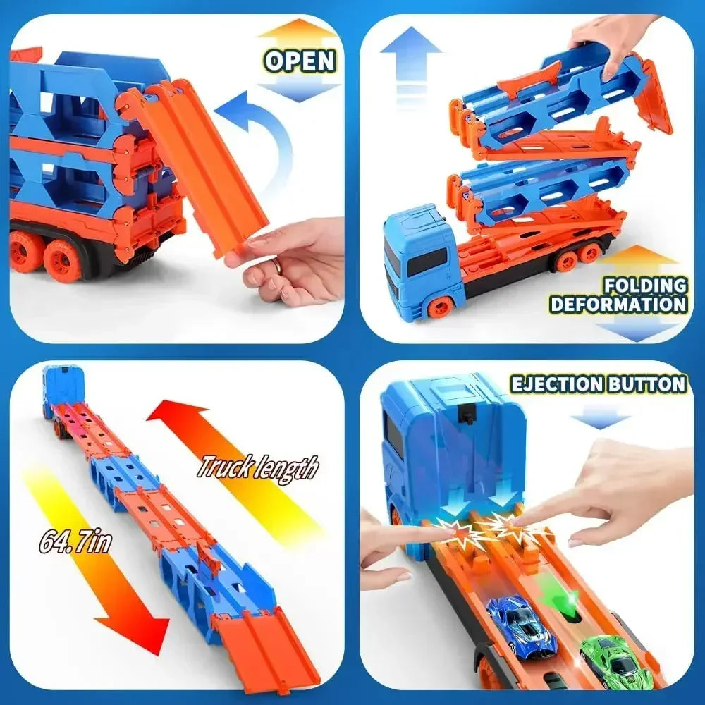 Four-panel view of the blue truck opening, folding into a racetrack, and launching mini cars.