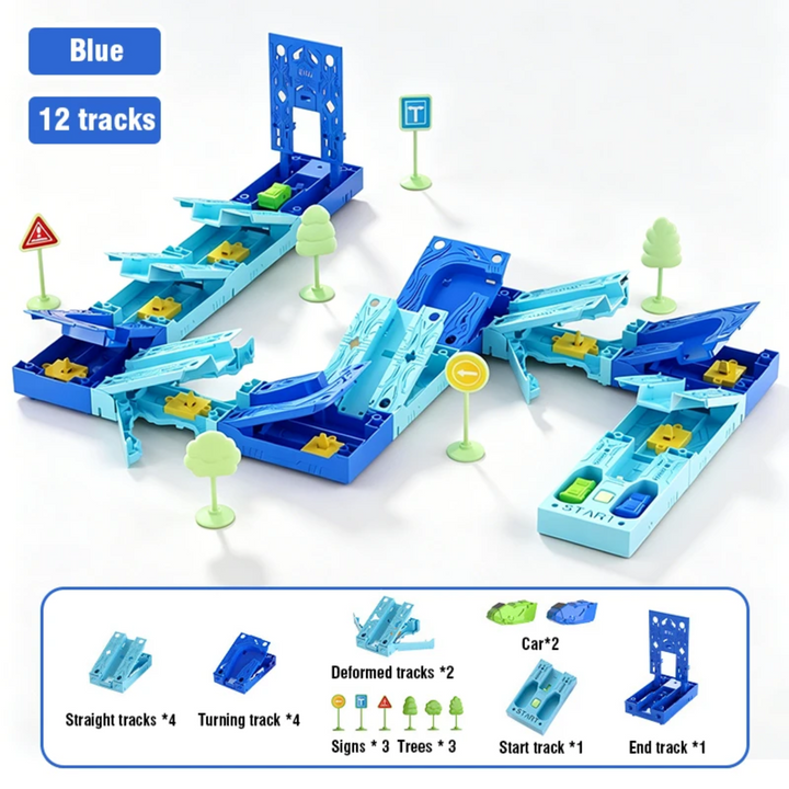 Blue 12-track race set with cars, signs, trees, and a parts diagram