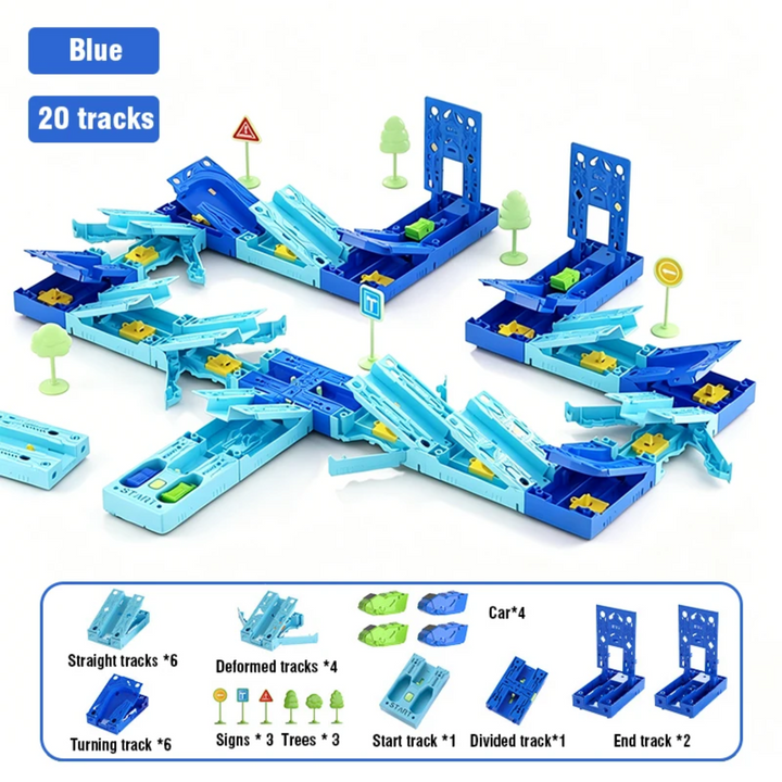 Blue 20-track race set with cars, signs, trees, and a parts diagram