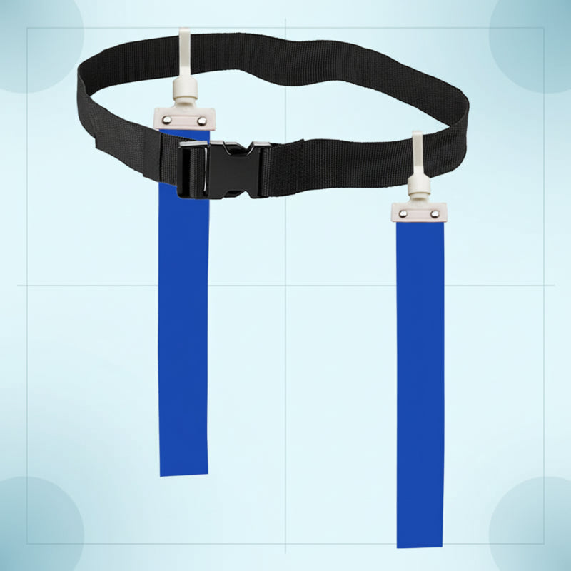Black adjustable flag football belt with two blue flags and a front buckle