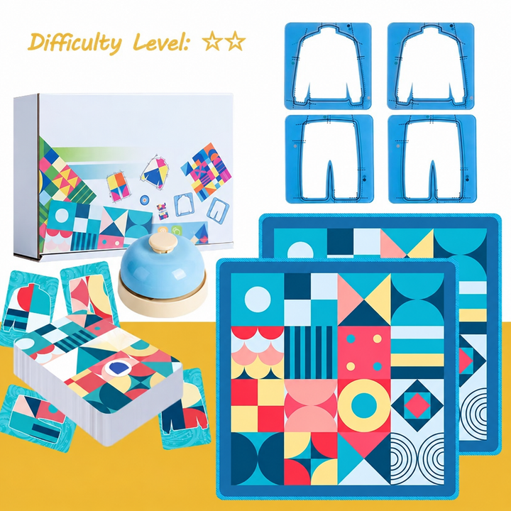Blue pattern-matching game with clothing-shaped frames, goal cards, a bell, and two-star difficulty.
