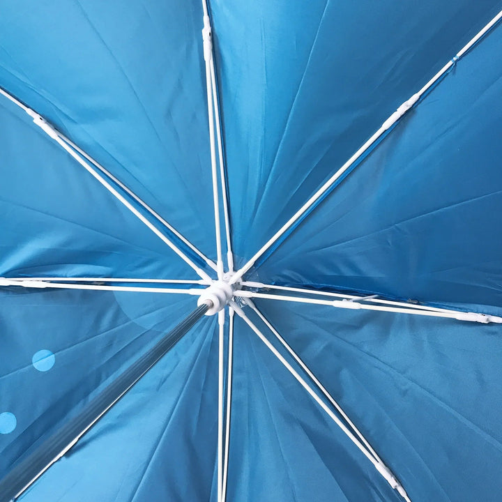Inside a blue umbrella showing the canopy fabric, ribs, and center hub