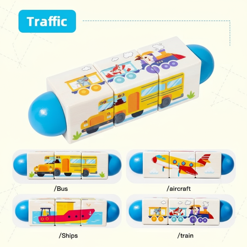 Blue-ended vehicle puzzle with bus, airplane, ship, and train picture options