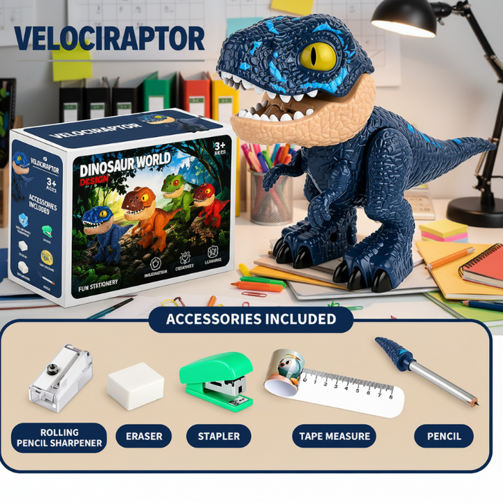 Blue Velociraptor stationery figure with its box and five included desk tools