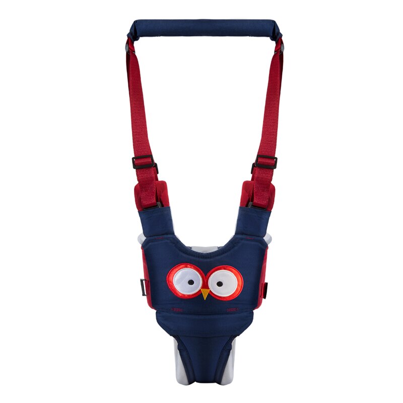 Blue walking harness with red adjustable straps and a padded top handle